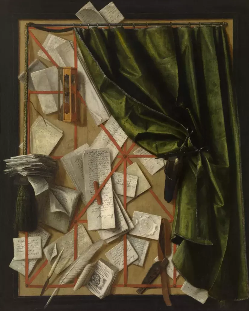 Cornelis Norbertus Gijsbrechts Trompe loeil brievenbord met zandloper scheermes en schaar ca 1664